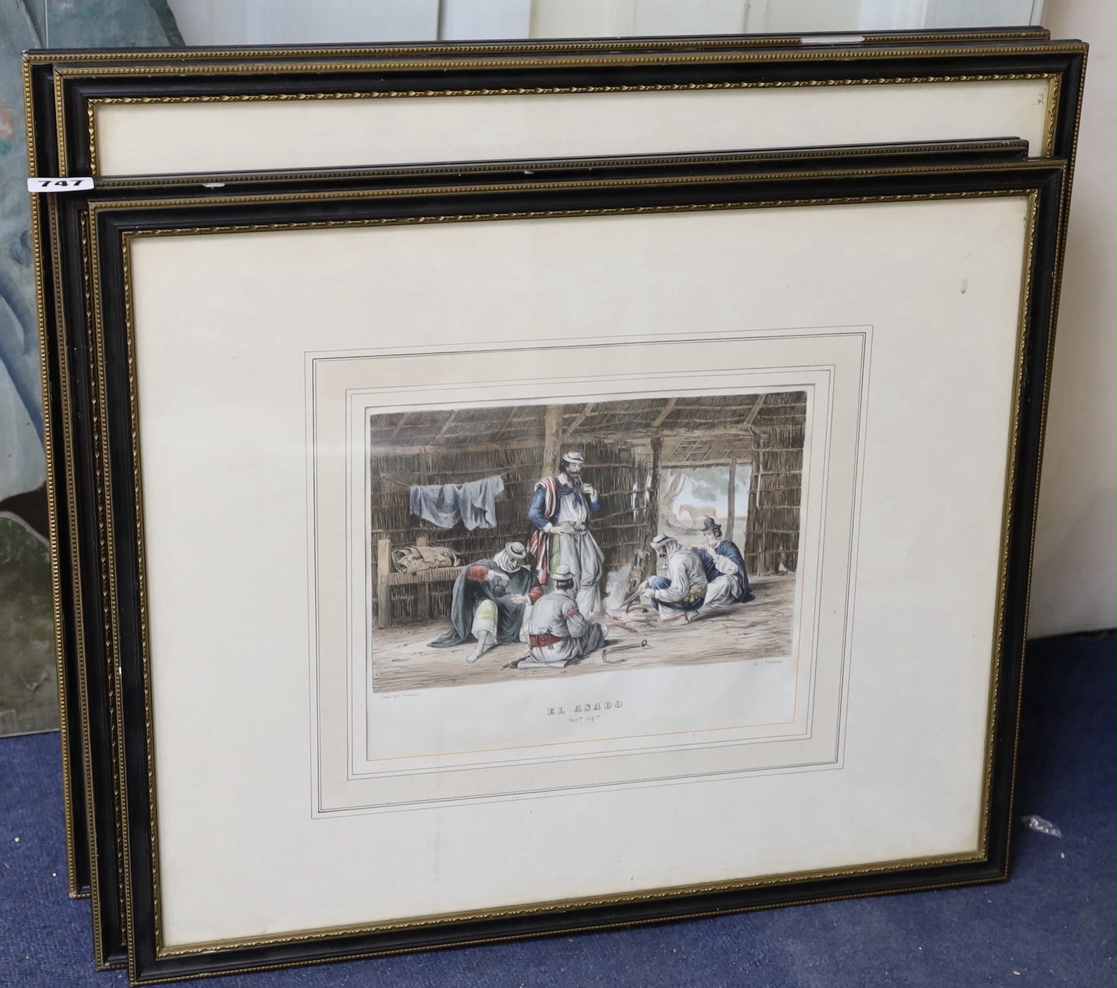 Pelvilain after Palliere, pair of coloured lithographs, 'El Asado' and 'El Corral' (Argentina) and two coloured engraved views of St Petersburg after Arnout, largest overall 29 x 34cm